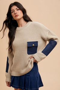 Hazel Blues® |  Annie Wear Contrast Round Neck Drop Shoulder Sweater with Patch Pocket