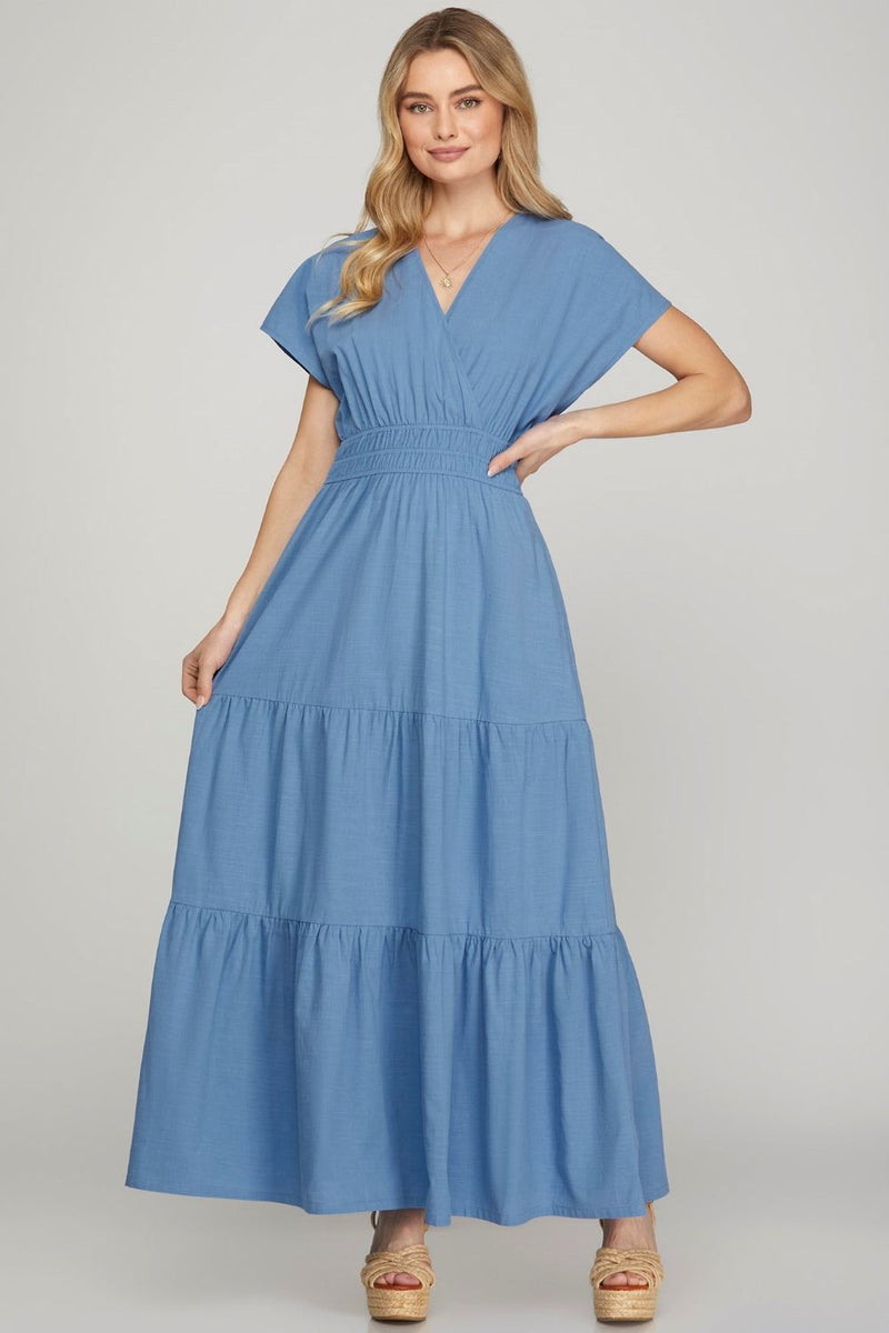 She + Sky Surplice Short Sleeve Tiered Maxi Dress With Pockets Cerulean / S She + Sky Surplice Short Sleeve Tiered Maxi Dress With Pockets Cerulean / S
