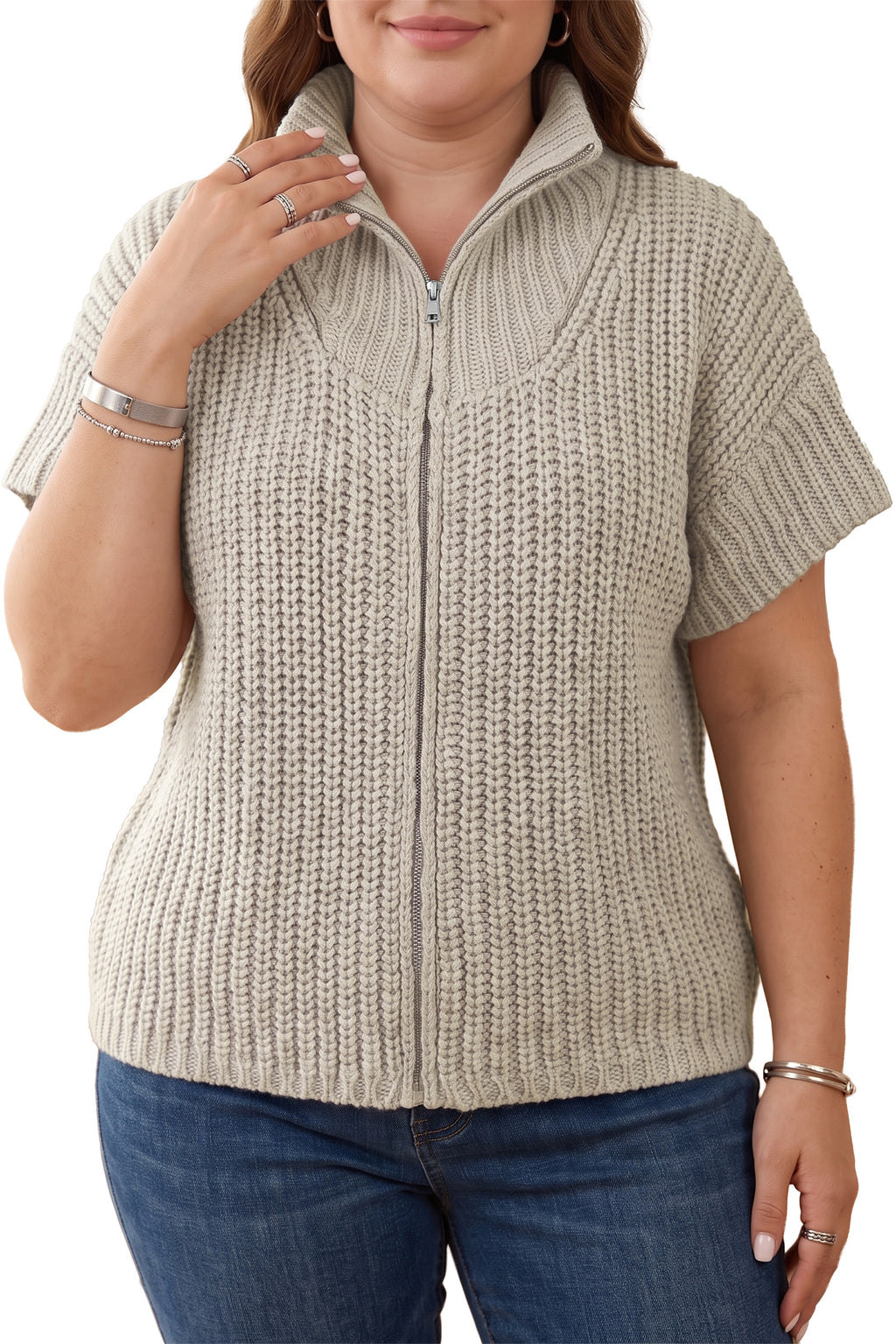 Taupe Ribbed Short-Sleeve Zip-Up Sweater
