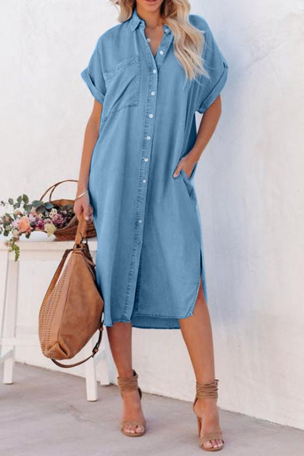 Hazel Blues® |  Slit Button Up Short Sleeve Imitation Denim Dress