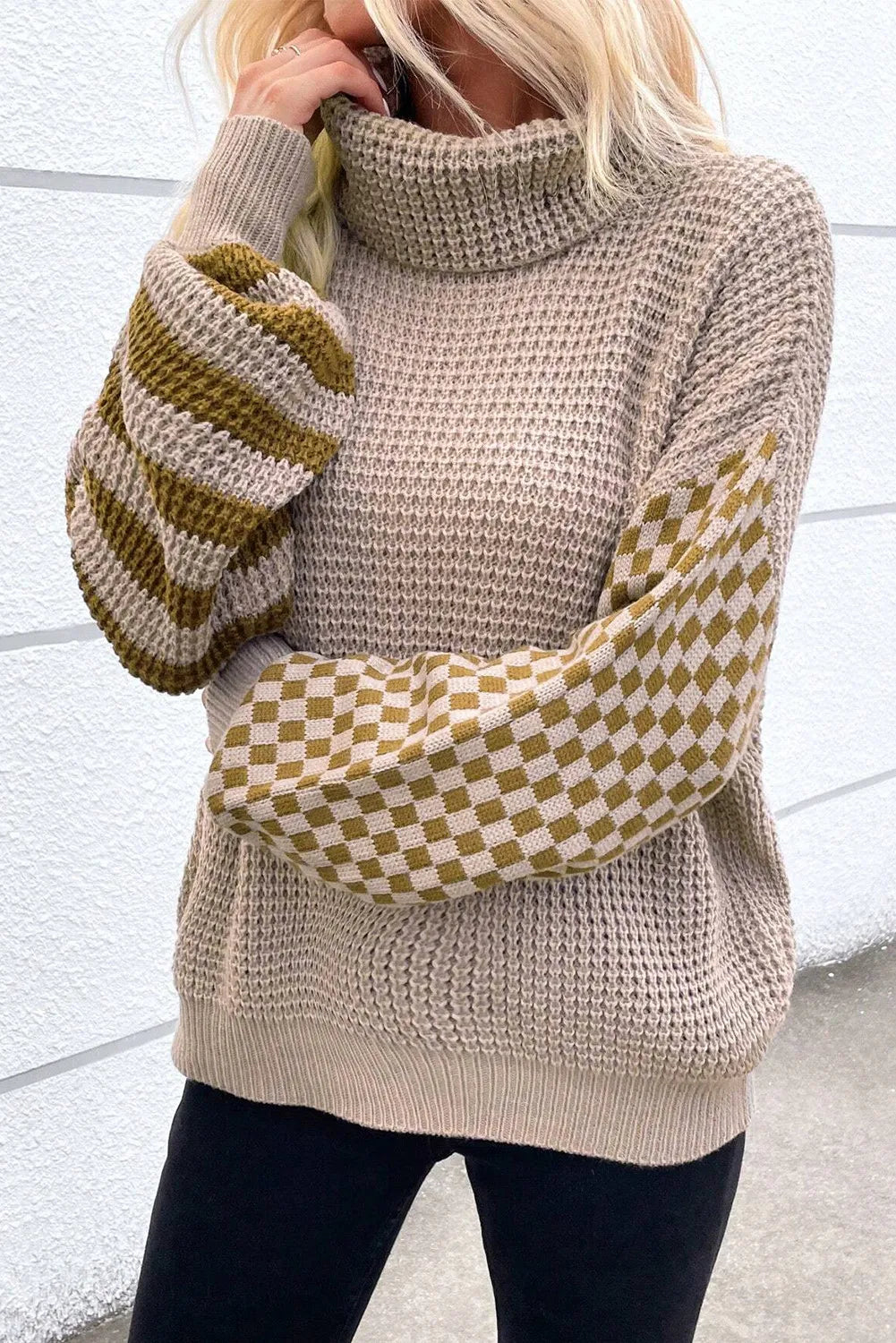 Hazel Blues® |  Checkered Striped Turtleneck Long Sleeve Sweater