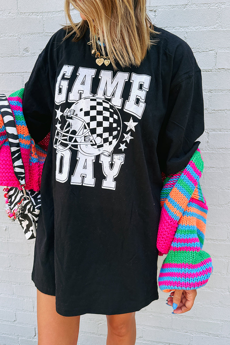 Hazel Blues® |  Black GAME DAY Checkerboard Football Helmet T Shirt