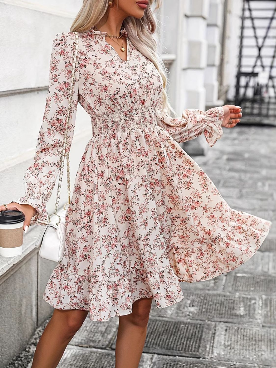 Hazel Blues® |  Ruffle Hem Floral Surplice Long Sleeve Dress