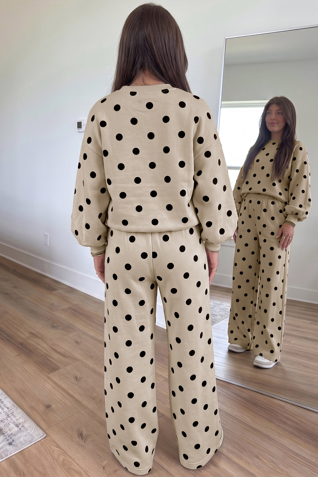 Beige Polka Dot Puff-Sleeve Pant Set