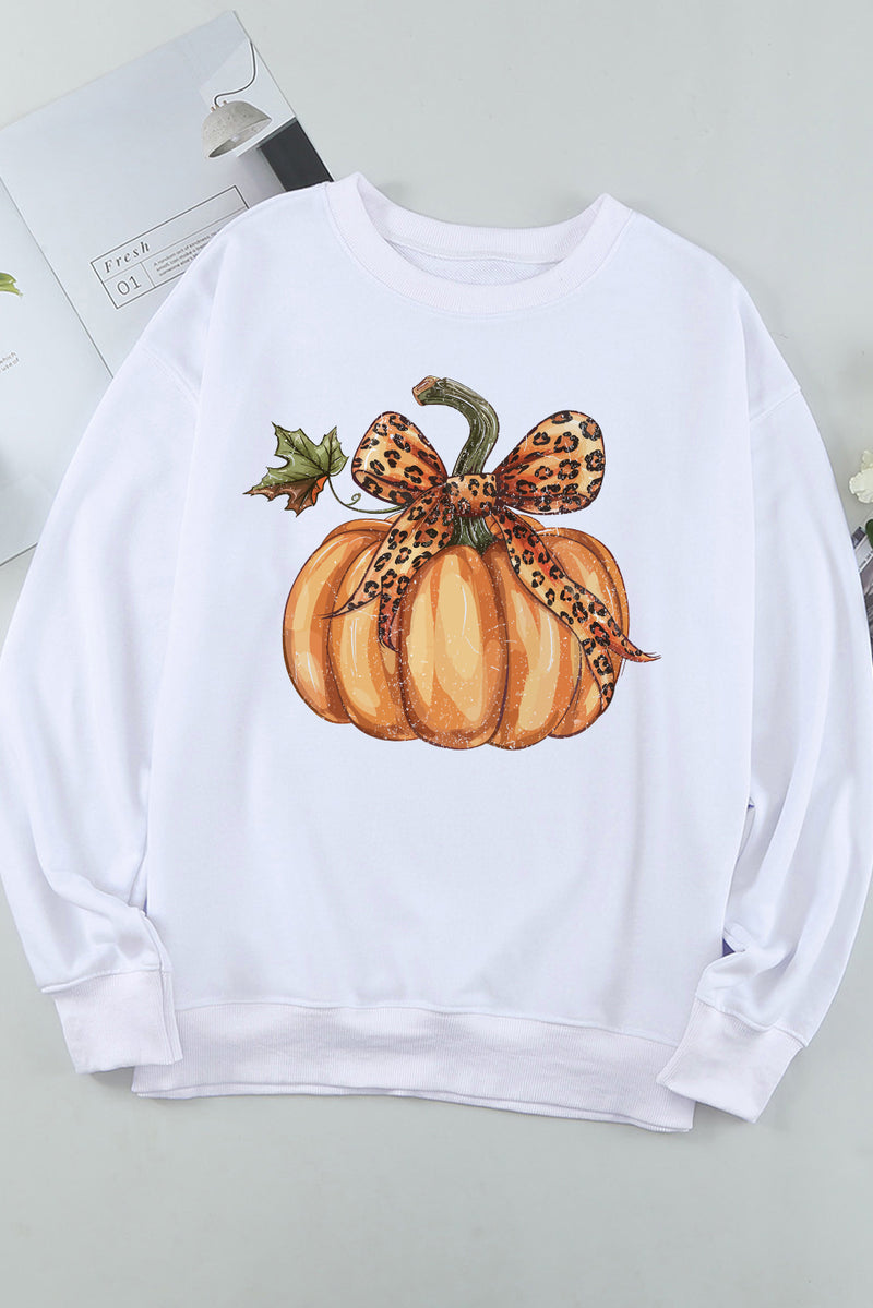 Hazel Blues® |  Beige Leopard Bowknot Pumpkin Graphic Crewneck Sweatshirt