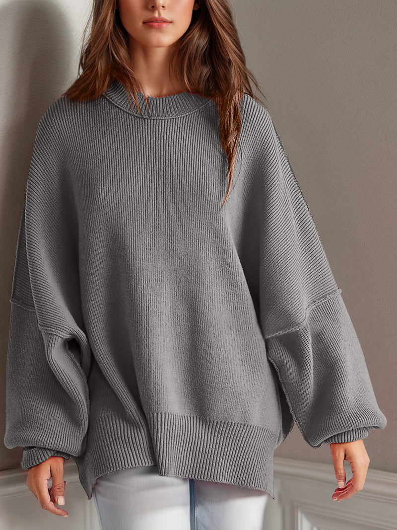 Hazel Blues® |  Double Take Side Slit Round Neck Long Sleeve Sweater