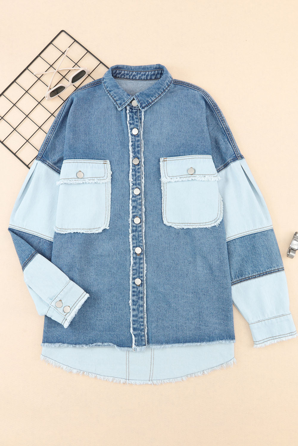 Hazel Blues® |  Raw Hem Color Block Denim Jacket