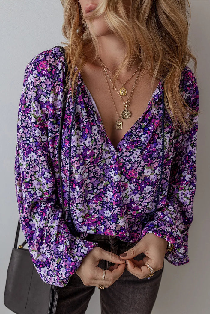 Hazel Blues® |  Floral Tie Neck Long Sleeve Blouse