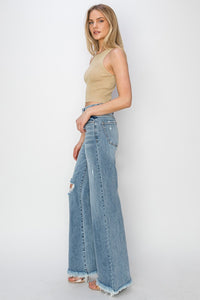 Hazel Blues® |  RISEN Mid Rise Button Fly Wide Leg Jeans