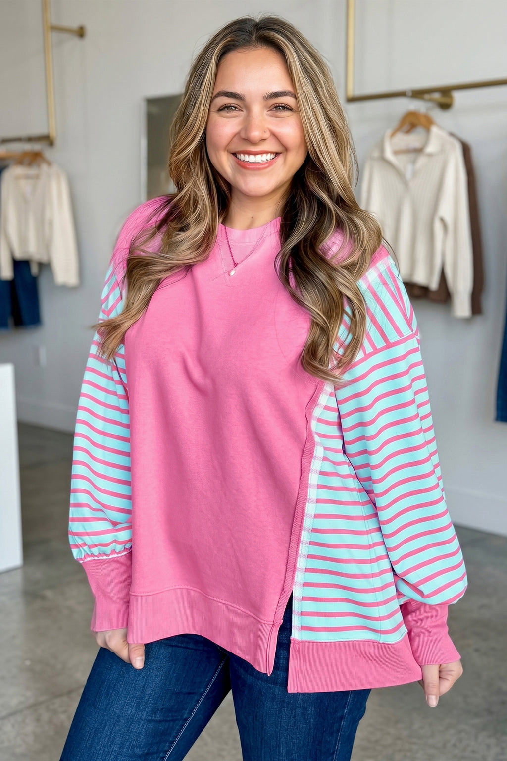 Purple Orchid Striped Color-Block Long-Sleeve Tunic Sweatshirt