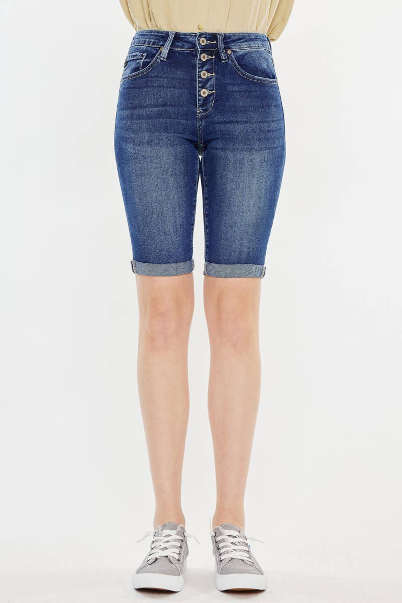 Hazel Blues® |  Kan Can High Rise Fly Button Bermuda Shorts: Medium Wash