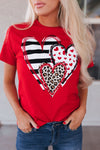 Hazel Blues® |  Red Leopard Striped Heart Shaped Print Crew Neck T Shirt