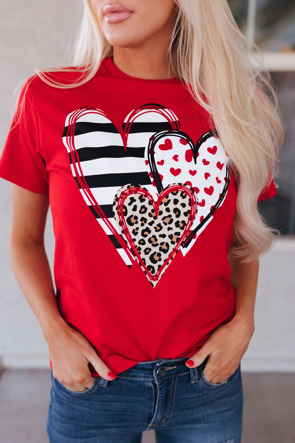 Hazel Blues® |  Red Leopard Striped Heart Shaped Print Crew Neck T Shirt