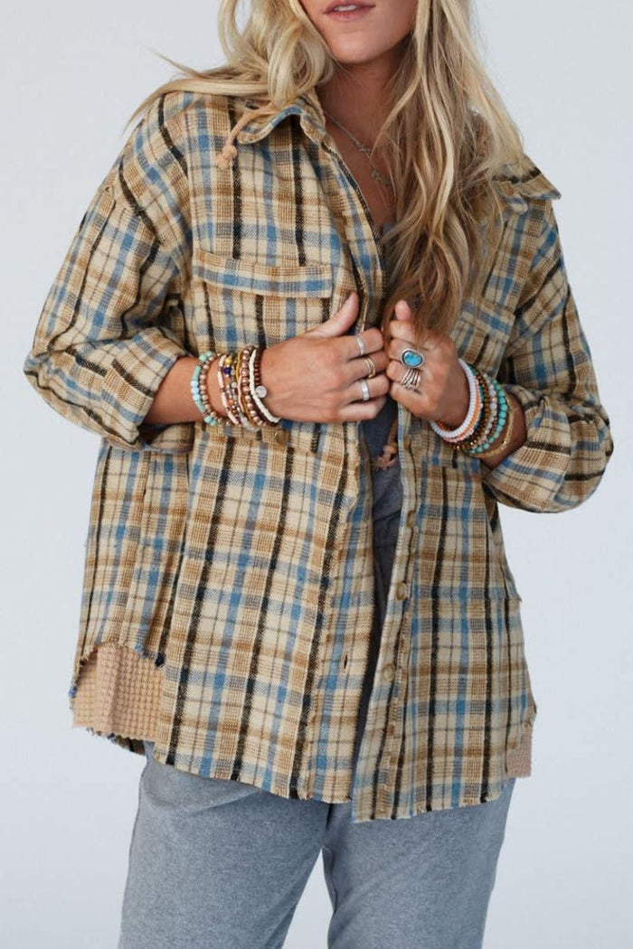 Hazel Blues® |  Drawstring Waffle Knit Patchwork Hooded Plaid Shacket