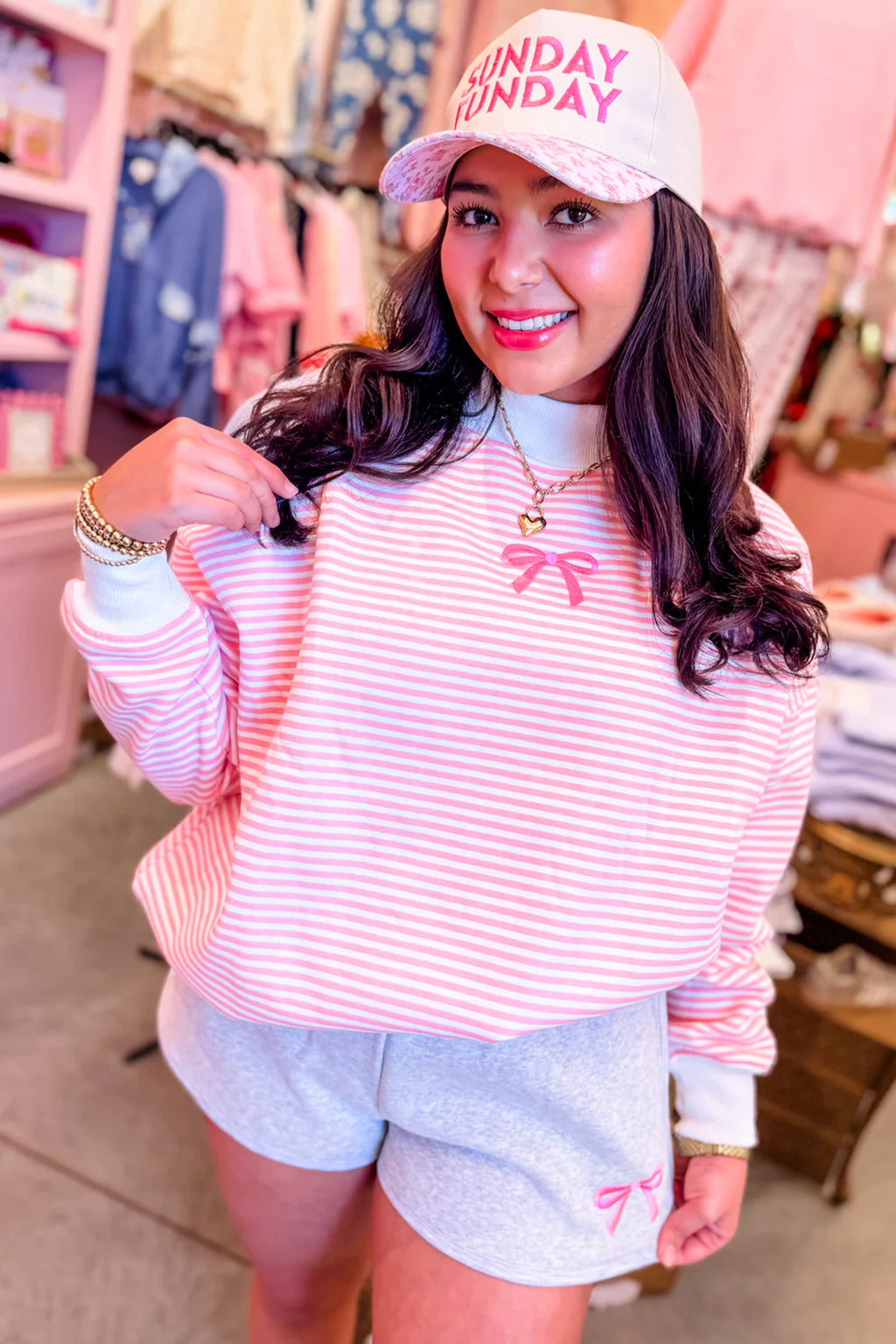 Pink Stripe Bow Embroidered Sweatshirt