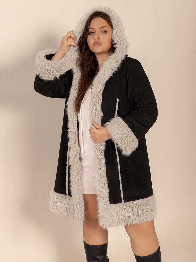 Hazel Blues® | Fuzzy Trim Open Front Long Sleeve Hooded Coat