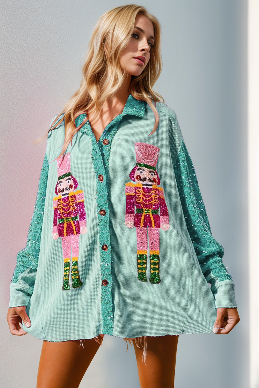 Hazel Blues® |  Double Take Sequin Nutcracker Button Up Shirt