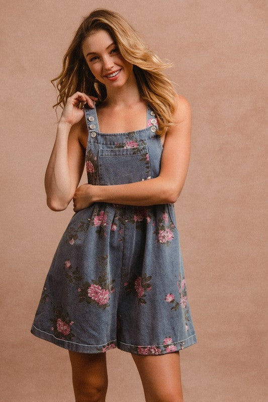 Hazel Blues® |  BiBi Flower Printed Wide Strap Denim Overalls