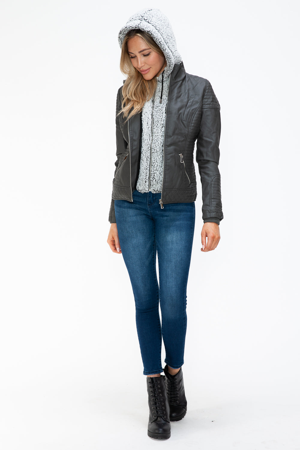 Hazel Blues® |  YMI Faux Layered Double-Zipper Jacket with Fuzzy Hood