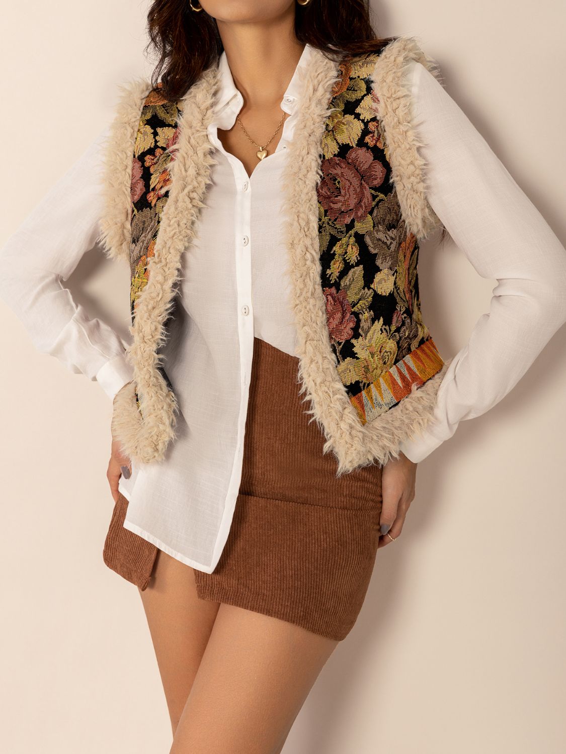 Hazel Blues® |  Embroidered Fuzzy Trim Open Front Vest Coat