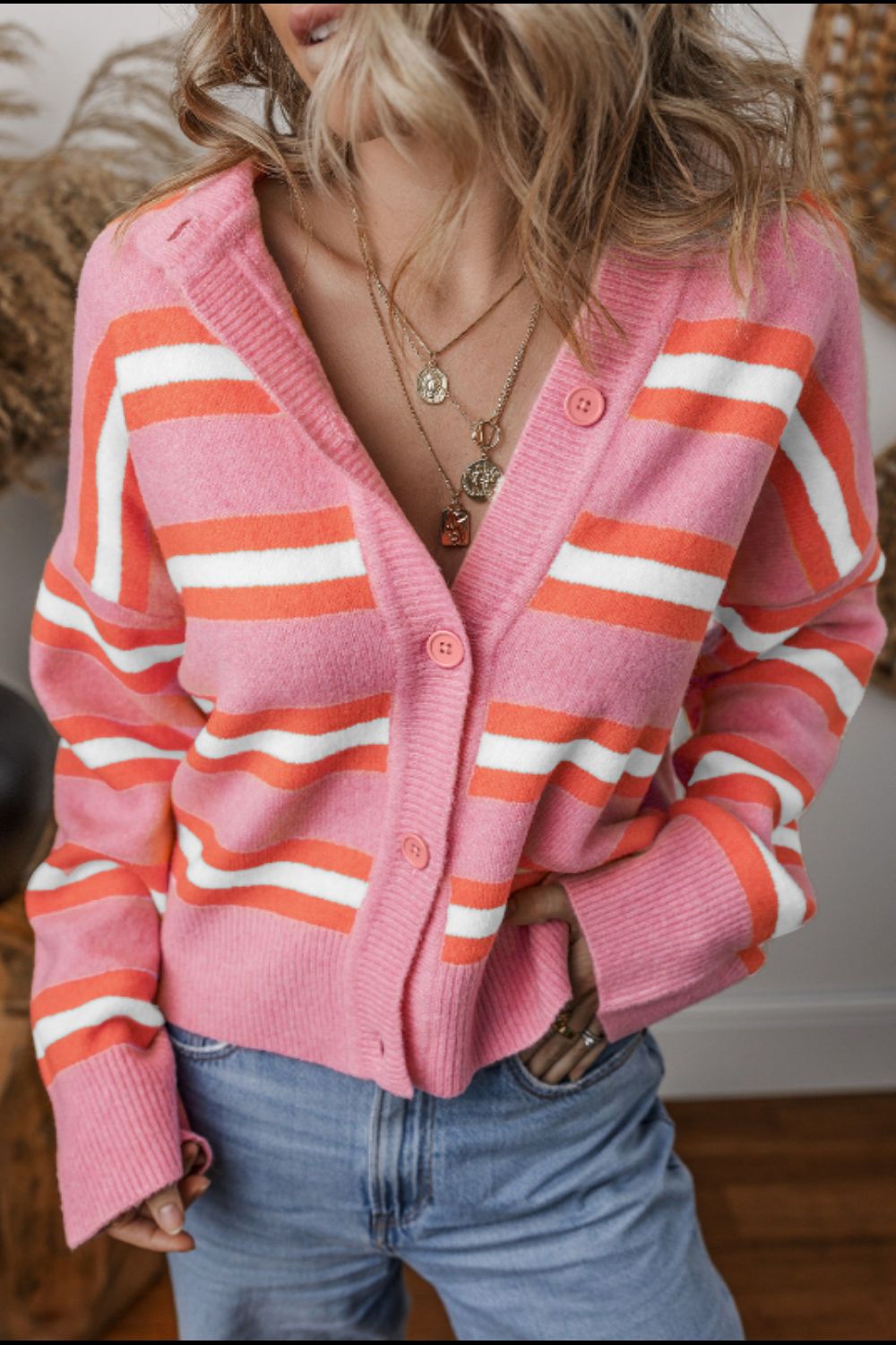 Hazel Blues® |  Striped Button Down Long Sleeve Cardigan