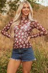Hazel Blues® |  Red Mesh Star Print Mock Neck Sheath Long Sleeve Top