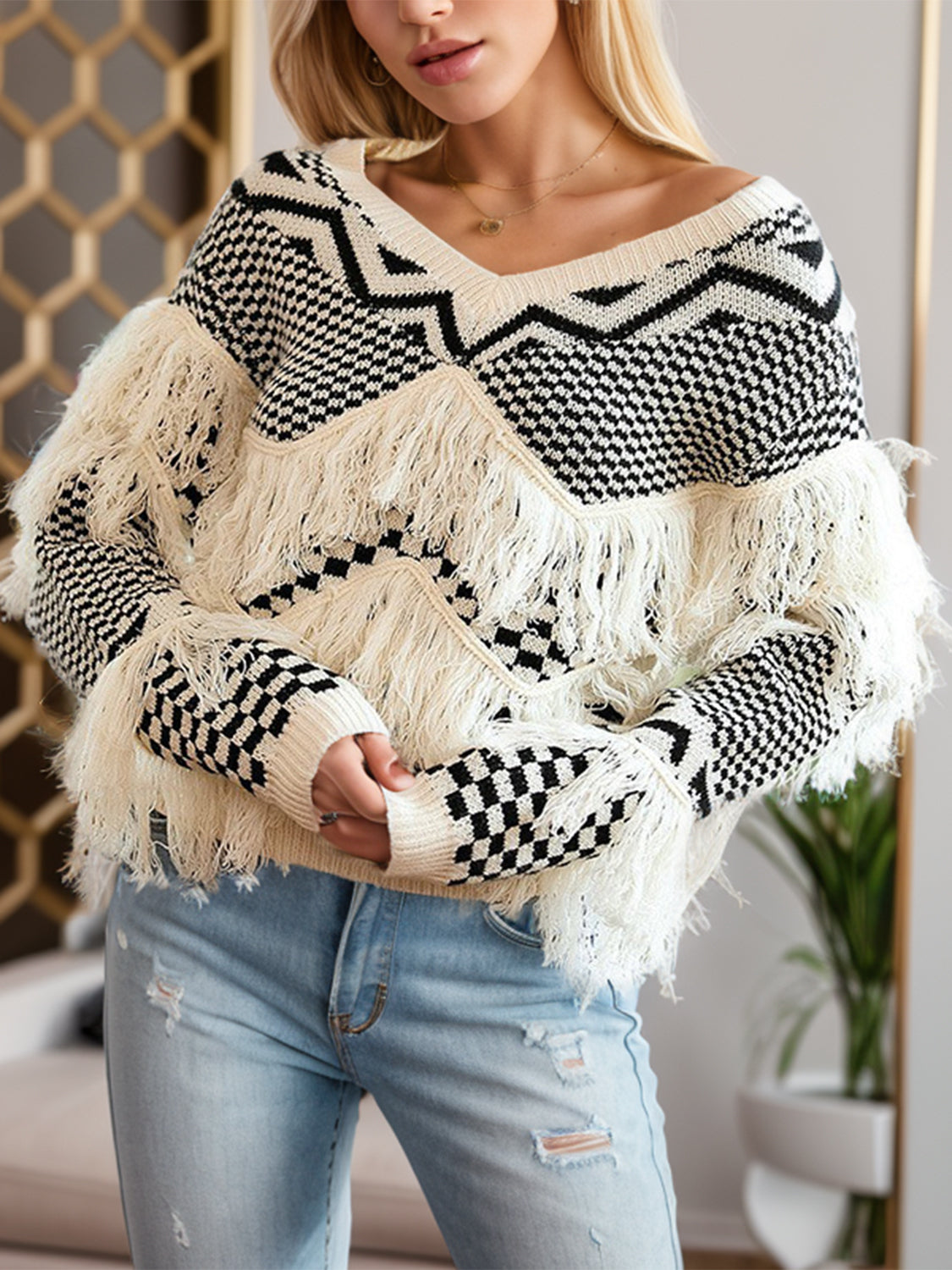 Hazel Blues® |  Geometric Fringe Detail V-Neck Sweater