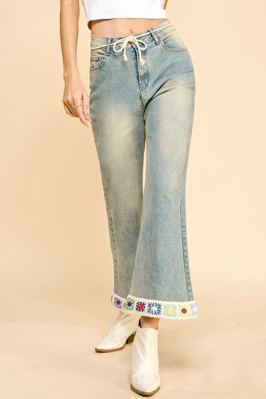 Hazel Blues® |  Davi & Dani Crochet Trim Flare Jeans with Pockets