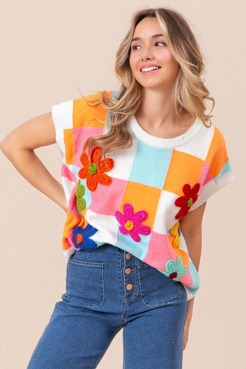 Hazel Blues® |  BiBi Flower Patch Checkered Sweater Vest