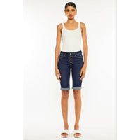 Hazel Blues® |  Kan Can High Rise Fly Button Bermuda Shorts: Dark Wash