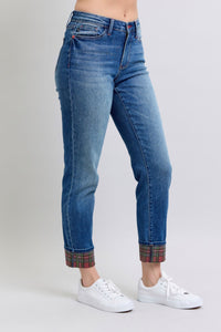 Hazel Blues® |  Judy Blue Plaid Print Cuff Straight Leg Jeans with Pockets