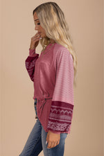 Hazel Blues® |  Black Contrast Print Striped Raglan Long Sleeve Loose Top