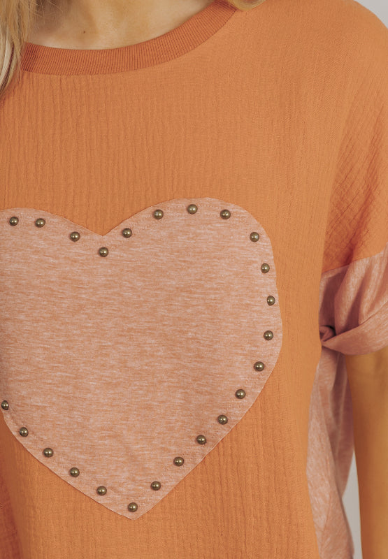 Hazel Blues® |  Stud Heart Patch Round Neck Short Sleeve T-Shirt
