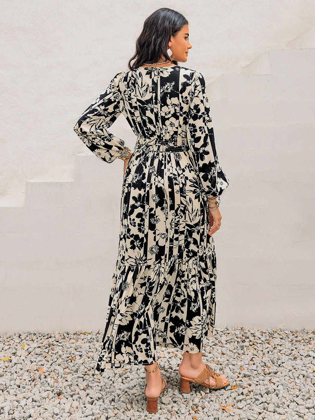 Hazel Blues® |  Smocked Printed Tie Neck Long Sleeve Dress