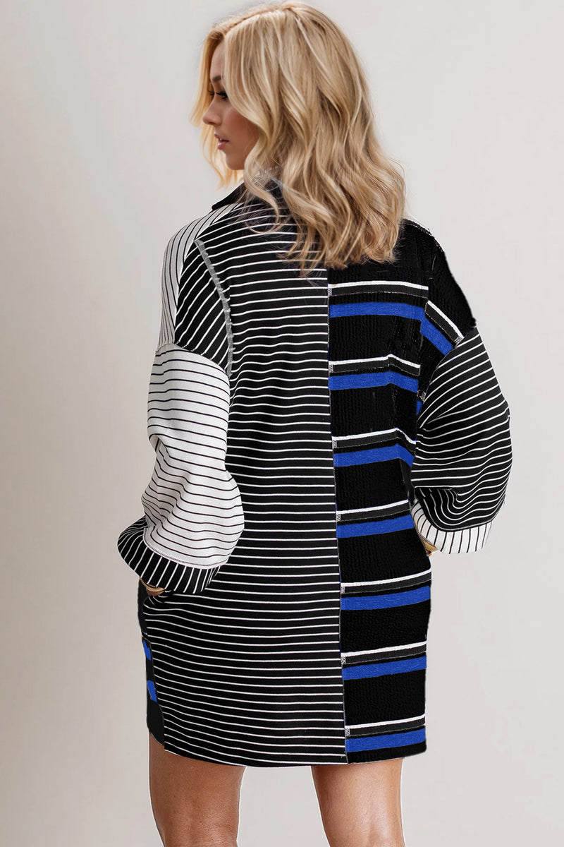 Oh Full Size Striped Half Button Long Sleeve Mini Dress *Final Sale* - Black/3XL Oh Full Size Striped Half Button Long Sleeve Mini Dress *Final Sale* - Black/3XL