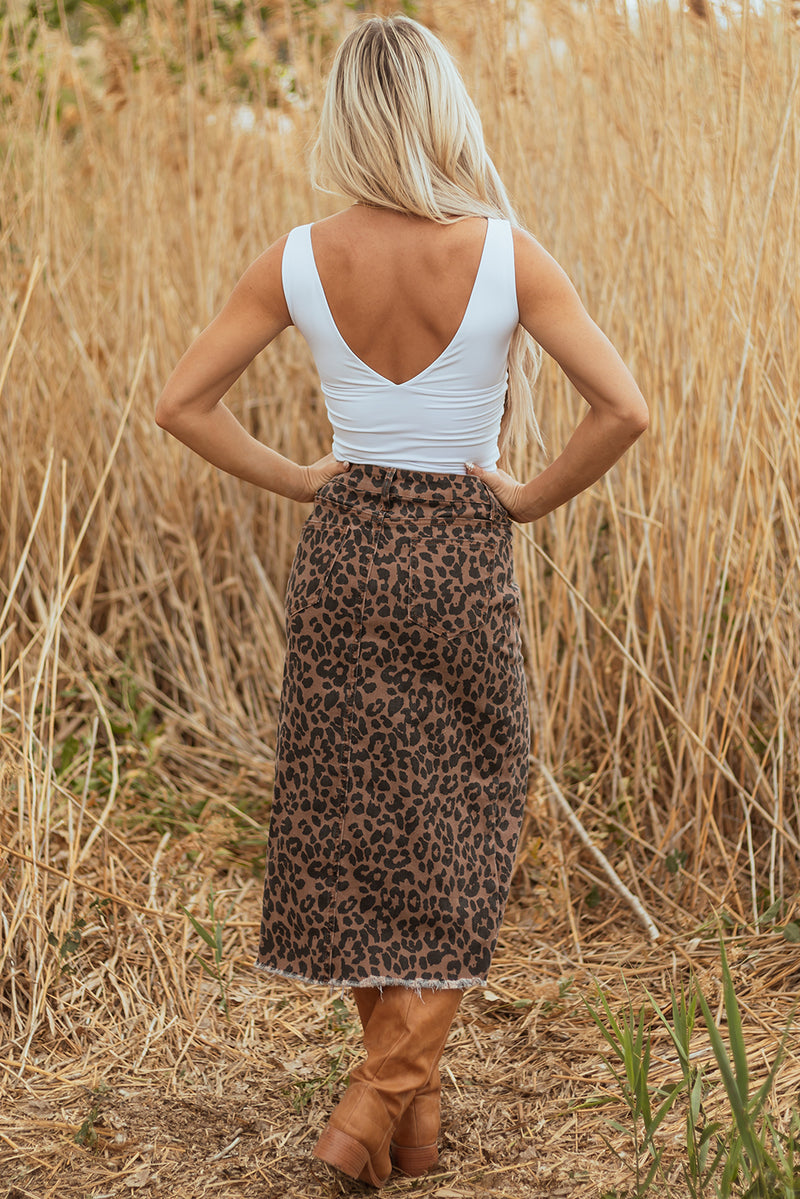 Hazel Blues® |  Brown Leopard Denim Frayed Split Denim Midi Skirt