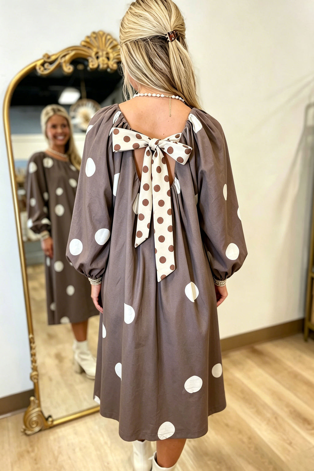 Maisie Grace Polka Dot Bow-Back Midi Dress