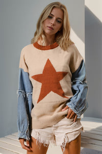 Hazel Blues® |  Double Take Star Pattern Raw Edge Long Sleeve Sweater