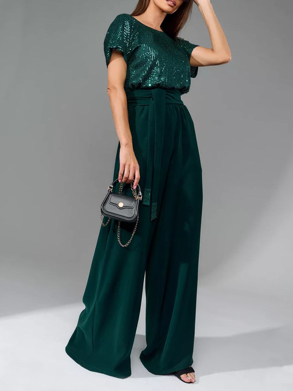 Hazel Blues® |  Sequin Round Neck Short Sleeve Wide Leg Jumpsuit