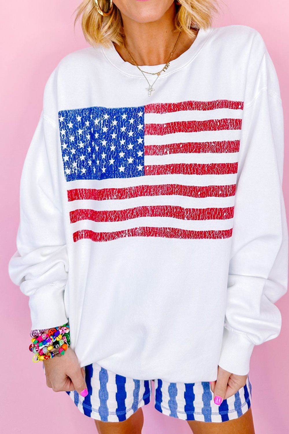 Hazel Blues® |  US Flag Round Neck Long Sleeve Sweatshirt