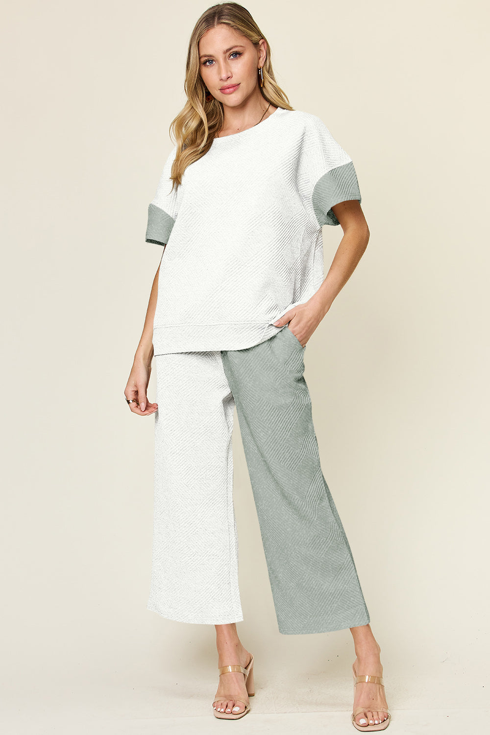 Hazel Blues® |  Double Take Texture Contrast T-Shirt and Wide Leg Pants Set