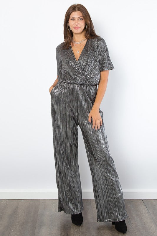 Hazel Blues® |  Be Stage Surplice Short Sleeve Pleated Foil Jumpsuit