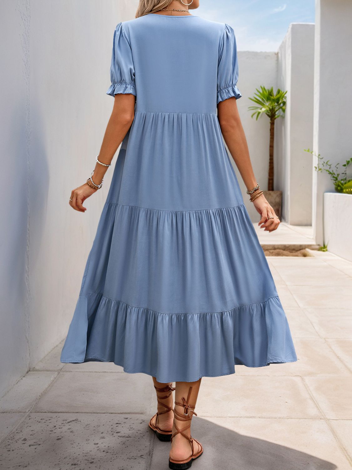 Hazel Blues® |  Perfee Decorative Button Notched Short Sleeve Midi Dress