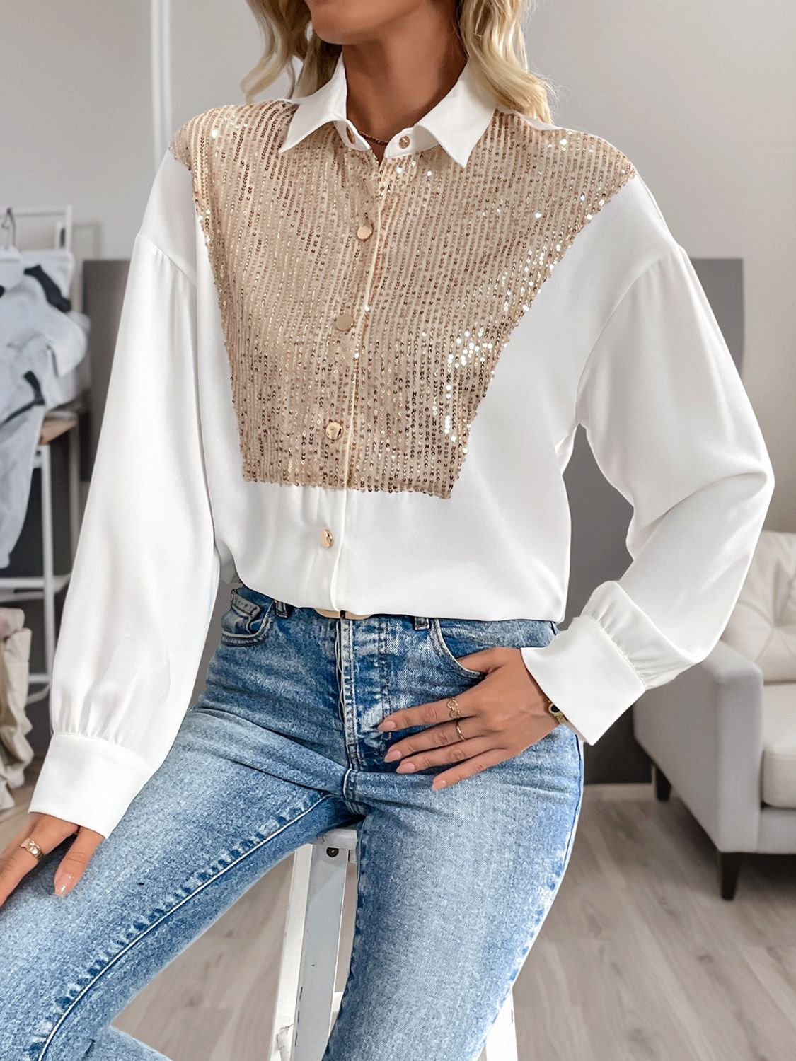 Hazel Blues® |  Perfee Sequin Contrast Collared Neck Long Sleeve Shirt