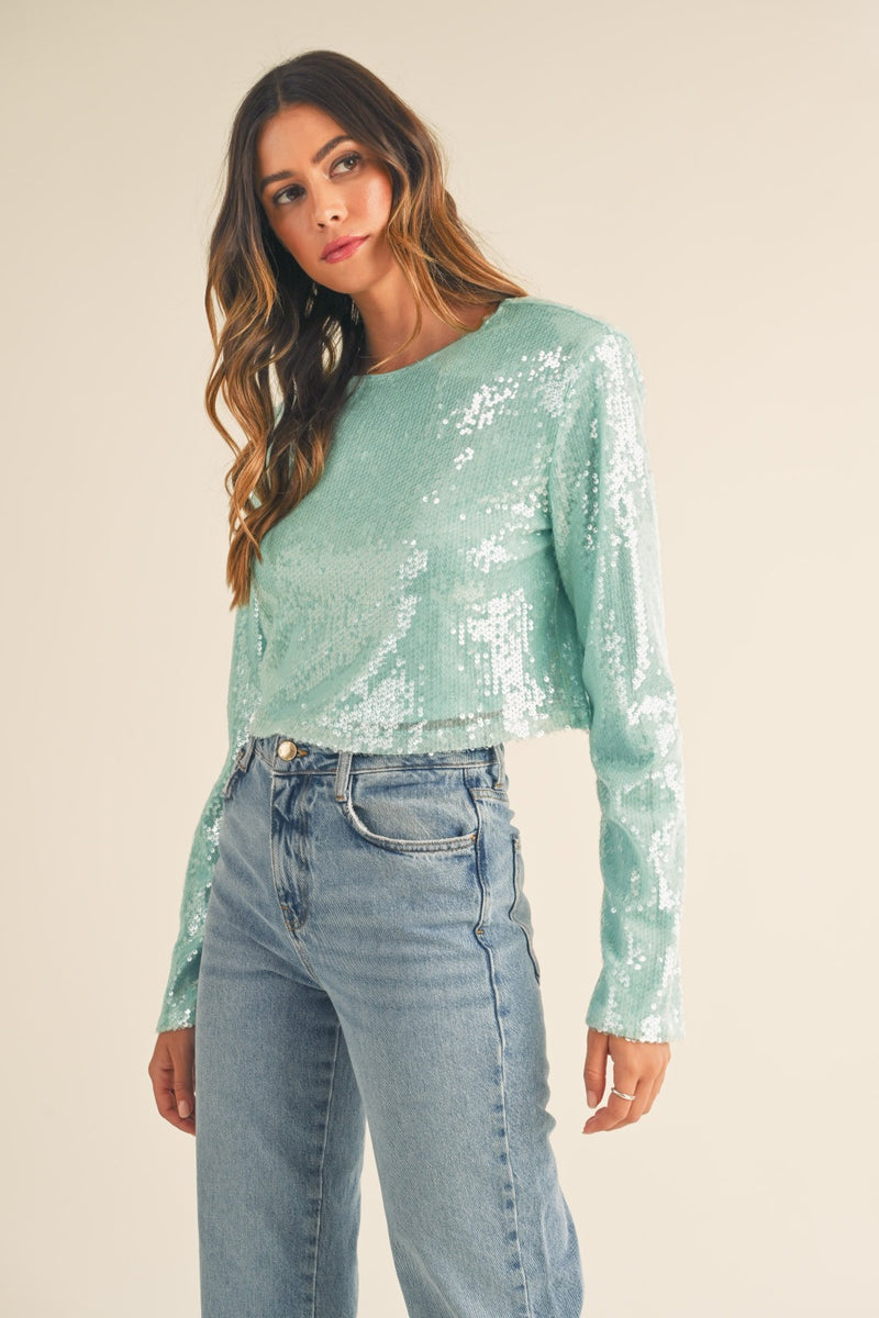 Hazel Blues® |  MABLE Shoulder Padded Sequin Crop Top