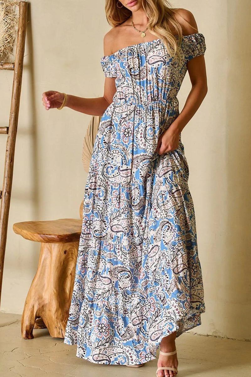 Hazel Blues | Boho Paisley Print Off Shoulder Maxi Dress Hazel Blues | Boho Paisley Print Off Shoulder Maxi Dress