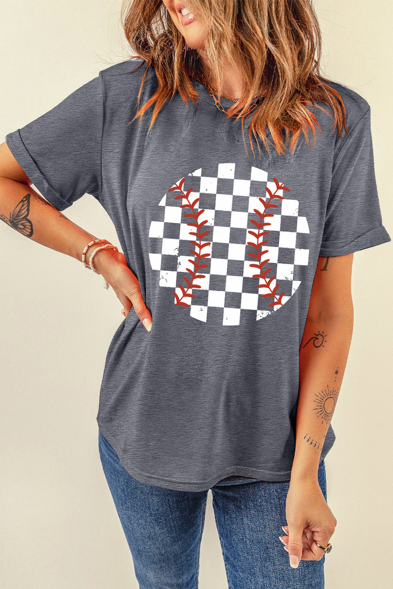 Hazel Blues® |  Gray Vintage Checkered Baseball Graphic Tee