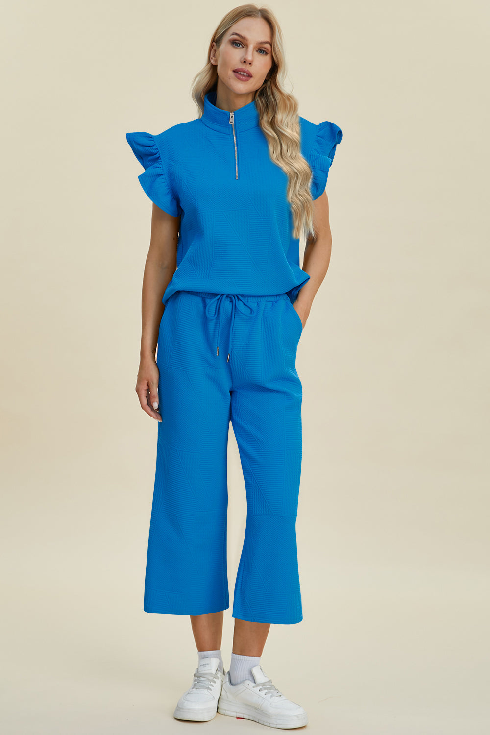 Hazel Blues® |  Double Take Texture Ruffle Short Sleeve Top and Wide Leg Pants Set