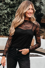 Hazel Blues® |  Black Lace Crochet Mesh Patched Slim Fit Long Sleeve Top