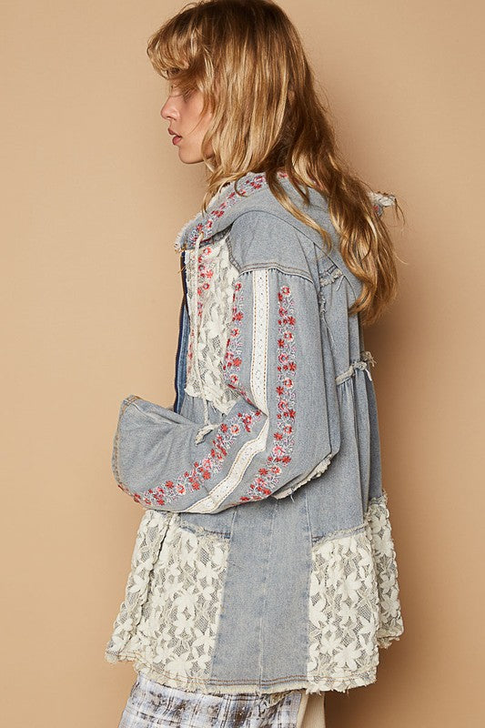 Hazel Blues® |  POL Embroidered Lace Patch Zip Up Hooded Jacket